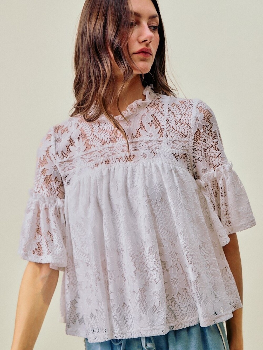 White Lace Ruffled Short-Sleeve Women's Top Sz S M L XL